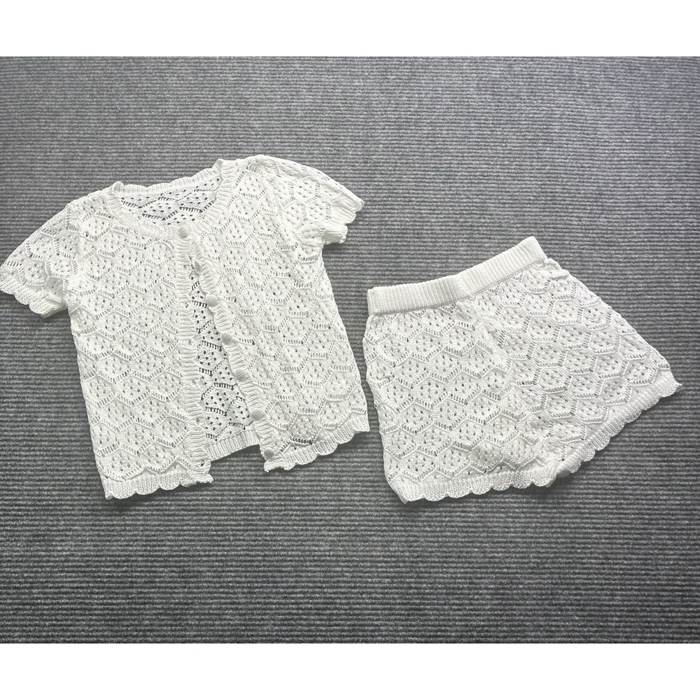 Women's Crochet 2 PC Beach Swim Coverup Set Short Sleeve & Shorts Sexy White XS - Picture 3 of 13